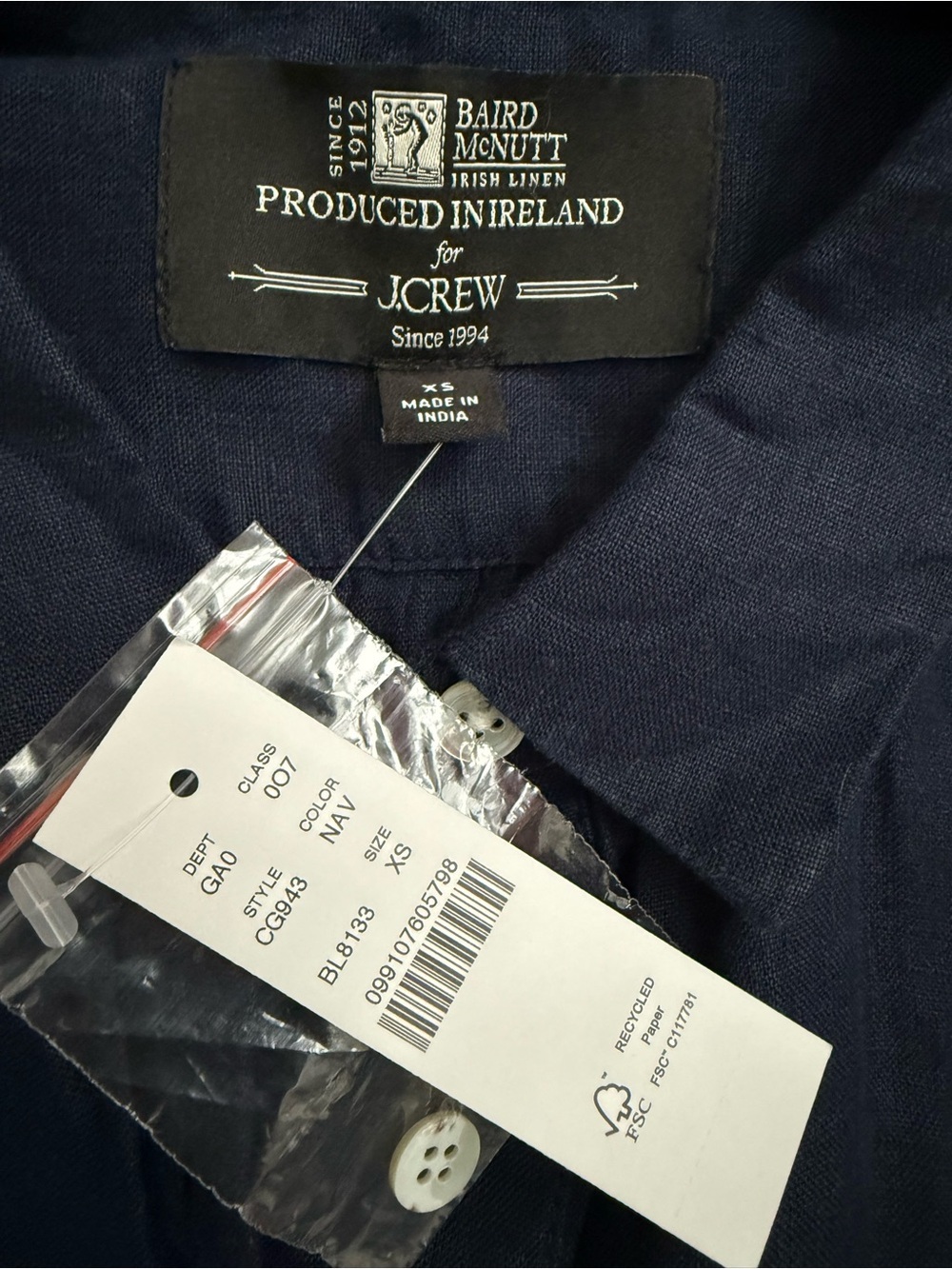 NWT J.Crew Baird McNutt Irish Linen Navy Popover Top XS Collared - Picture 9 of 10